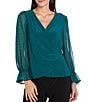 R & M Richards Chiffon Studded Long Balloon Sleeves Wrap ITY Top, Color:Emerald - Image 3