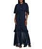 R & M Richards Crepe Chiffon 2-Piece Short Sleeve Capelet Ruffle Gown, Color:Navy - Image 1