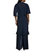 R & M Richards Crepe Chiffon 2-Piece Short Sleeve Capelet Ruffle Gown, Color:Navy - Image 2