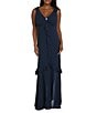 R & M Richards Crepe Chiffon 2-Piece Short Sleeve Capelet Ruffle Gown, Color:Navy - Image 3