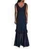 R & M Richards Crepe Chiffon 2-Piece Short Sleeve Capelet Ruffle Gown, Color:Navy - Image 4
