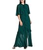 R & M Richards Crepe Chiffon 2-Piece Short Sleeve Capelet Ruffle Gown, Color:Emerald - Image 1