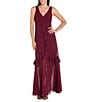 R & M Richards Crepe Chiffon 2-Piece Short Sleeve Capelet Ruffle Gown, Color:Wine - Image 3