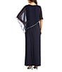 R & M Richards Crew Neck Short Sleeve Poncho Metallic Trim Overlay Popover Gown, Color:Navy - Image 2