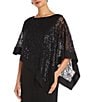 R & M Richards Elbow Length Sleeve Round Neck Sequin Overlay Sheath Gown, Color:Black - Image 3
