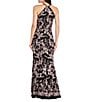 R & M Richards Embroidered Sequin Cord Stretch Lace Criss Cross Halter Sleeveless Mermaid Gown, Color:Black/Blush - Image 2