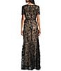 R & M Richards Embroidered Sequin Floral Mesh Round Neck Short Sleeve Ribbon Sash Gown, Color:Black/nude - Image 2