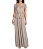 R & M Richards Embroidered Sequin Lace Peplum Chiffon Skirt Gown, Color:Mocha - Image 1