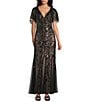 R & M Richards Embroidered Sequin Power Mesh Empire Waist Short Flutter Sleeve Gown, Color:Black/Nude - Image 1