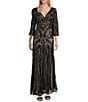 R & M Richards Embroidered Sequin Power Mesh V-Neck 3/4 Sleeve Godet Skirt Gown, Color:Black/Nude - Image 1