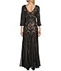 R & M Richards Embroidered Sequin Power Mesh V-Neck 3/4 Sleeve Godet Skirt Gown, Color:Black/Nude - Image 2