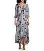 Color:Grey - Image 1 - Floral Print Chiffon Bolero 3/4 Sleeve Asymmetrical Ruffle Hem 2-Piece Jacket Dress