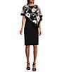 Color:Black/White - Image 1 - Floral Print Embroidered Sequin Mesh Poncho Overlay 3/4 Sleeve Boat Neck Sheath Popover Dress