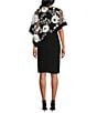 Color:Black/White - Image 2 - Floral Print Embroidered Sequin Mesh Poncho Overlay 3/4 Sleeve Boat Neck Sheath Popover Dress
