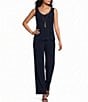 R & M Richards Floral Sequin Metallic Print Mesh Jacket Solid ITY Pant 3-Piece Pantsuit - Image 3