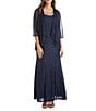 R & M Richards Glitter Lace Beaded Neck 2-Piece Jacket Gown, Color:Navy - Image 1