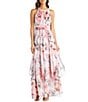 R & M Richards Halter Keyhole Neck Sleeveless Ruched Waist Floral Print Chiffon Gown, Color:Pink - Image 1