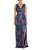 Color:teal - Image 1 - Lurex Mesh Sleeveless V-Neck Floral Side Slit Maxi Tulle A-Line Dress