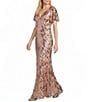 R & M Richards Mesh Flutter Sleeve Flounce Hem Deco Sequin Gown - Image 1