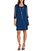 Color:Peacock - Image 1 - Mesh Scoop Neck 3/4 Sleeve Textured Trim Jersey Knit Shift 2-Piece Jacket Dress