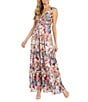 Color:Rose - Image 1 - Metallic Floral Foil Print Sleeveless V-Neck Ruched Waist Maxi A-Line Gown