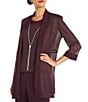 R & M Richards Metallic Knit 3/4 Sleeve Open Front 3 Piece Jacket Pant Set, Color:Eggplant - Image 3
