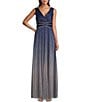 Color:Navy - Image 1 - Metallic Knit Sleeveless V-Neck Rhinestone Waist Ombre Crinkle Pleated Gown