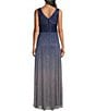 Color:Navy - Image 2 - Metallic Knit Sleeveless V-Neck Rhinestone Waist Ombre Crinkle Pleated Gown