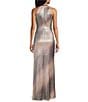 R & M Richards Metallic Ombre Foil Print V-Neck Twisted Ruched Waist Halter Maxi Dress, Color:Champagne - Image 2