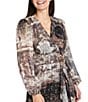 R & M Richards Metallic Stripe Wet Chiffon V-Neck Long Sleeve Ruffle Cascade Front Faux Wrap Dress, Color:Brown - Image 3