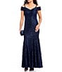 Color:Navy - Image 1 - Off-the-Shoulder Cap Sleeve Floral Lace Mermaid Gown
