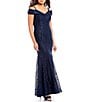 Color:Navy - Image 3 - Off-the-Shoulder Cap Sleeve Floral Lace Mermaid Gown
