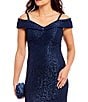 Color:Navy - Image 4 - Off-the-Shoulder Cap Sleeve Floral Lace Mermaid Gown