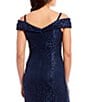 Color:Navy - Image 5 - Off-the-Shoulder Cap Sleeve Floral Lace Mermaid Gown