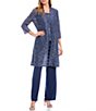 Color:Cadet - Image 1 - Petite Size Scalloped Glitter Lace Duster Stretch 3-Piece Pant Set