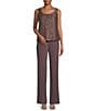 Color:Fig - Image 3 - Petite Size Scalloped Glitter Lace Duster Stretch 3-Piece Pant Set