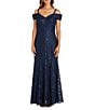 Color:Navy - Image 1 - Petite Size Off-the-Shoulder Cap Sleeve Sweetheart Lace Gown