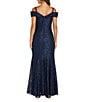 Color:Navy - Image 2 - Petite Size Off-the-Shoulder Cap Sleeve Sweetheart Lace Gown