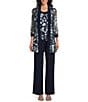 R & M Richards Petite Size 3-Piece Embroidered Pant Set, Color:Navy/Sage - Image 1