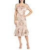 R & M Richards Petite Size Embroidered Floral Crew Neck Short Sleeve Flounce Hem Midi Dress, Color:Rose - Image 1