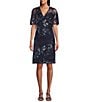 R & M Richards Petite Size Embroidered Sequin Power Mesh Floral Print Dress, Color:Navy - Image 1