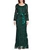 R & M Richards Petite Size Embroidered Soutache Sequin Power Mesh 3/4 Balloon Sleeves Gown, Color:Hunter - Image 1