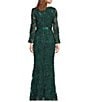 R & M Richards Petite Size Embroidered Soutache Sequin Power Mesh 3/4 Balloon Sleeves Gown, Color:Hunter - Image 2