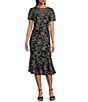 R & M Richards Petite Size Floral Braid Embroidered Soutache Crew Neck Short Sleeve Flounce Hem Midi Dress, Color:Black/Ivory - Image 1