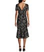 R & M Richards Petite Size Floral Braid Embroidered Soutache Crew Neck Short Sleeve Flounce Hem Midi Dress, Color:Black/Ivory - Image 2