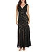 R & M Richards Petite Size Floral Embroidered Sequin Mesh Godet Sleeveless Gown, Color:Black/Nude - Image 1