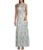 R & M Richards Petite Size Foil Mesh Print Pleated Foil Printed Sleeveless Keyhole Halter Neck Dress, Color:Sage/Silver - Image 1