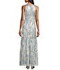 R & M Richards Petite Size Foil Mesh Print Pleated Foil Printed Sleeveless Keyhole Halter Neck Dress, Color:Sage/Silver - Image 2