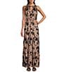 R & M Richards Petite Size Foil Mesh Print Pleated Foil Printed Sleeveless Keyhole Halter Neck Dress, Color:Navy/Rose - Image 1