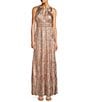 R & M Richards Petite Size Foil Mesh Print Pleated Foil Printed Sleeveless Keyhole Halter Neck Dress, Color:Rose/Gold - Image 1